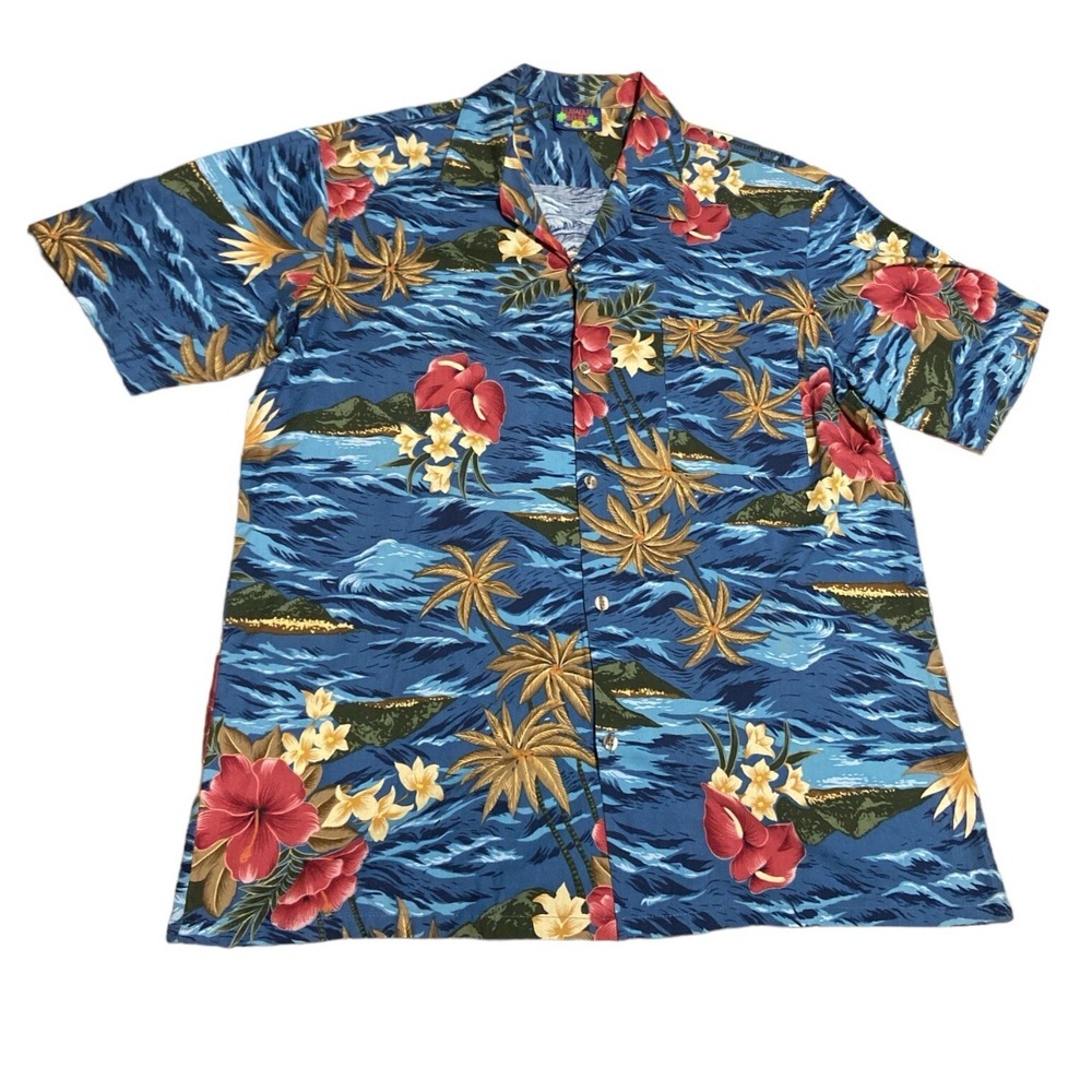 Vintage Men's Hawaiian Floral Button Down Shirt‎ Size Large Hawaii Blues